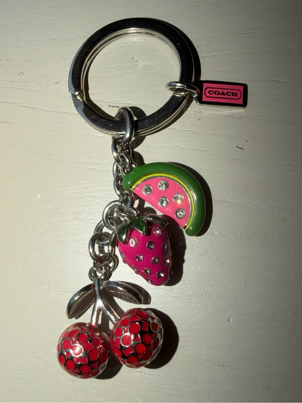 Coach Pink & Red Fruit Charm Key Ring with Green Watermelon Accent